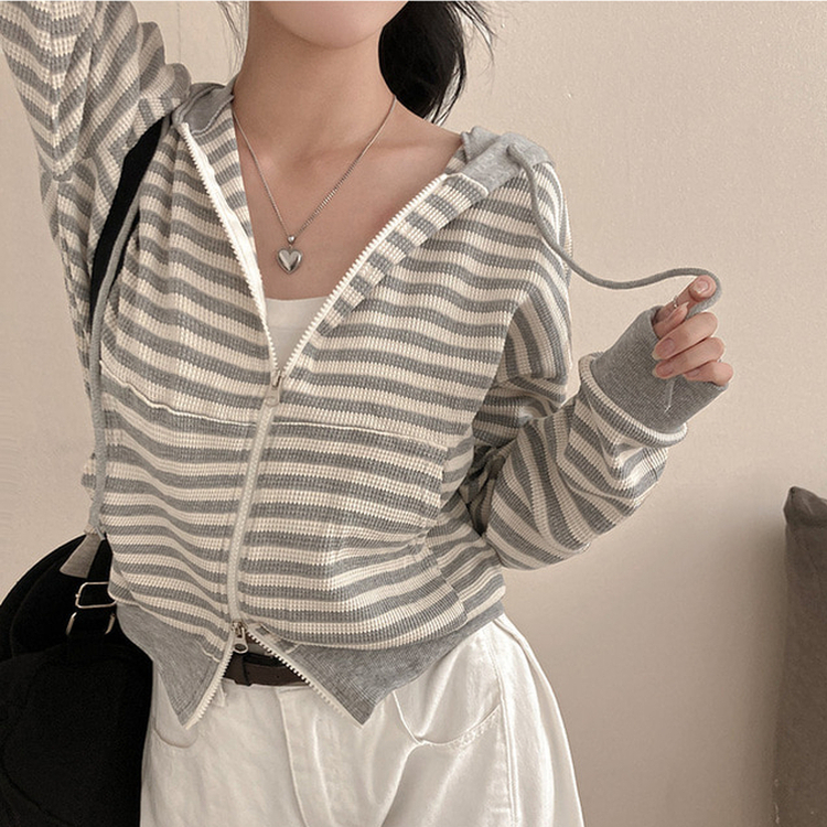 카카오 단가라 스트라이프 투웨이 와플 후드 집업 그레이