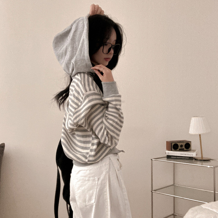 카카오 단가라 스트라이프 투웨이 와플 후드 집업 그레이