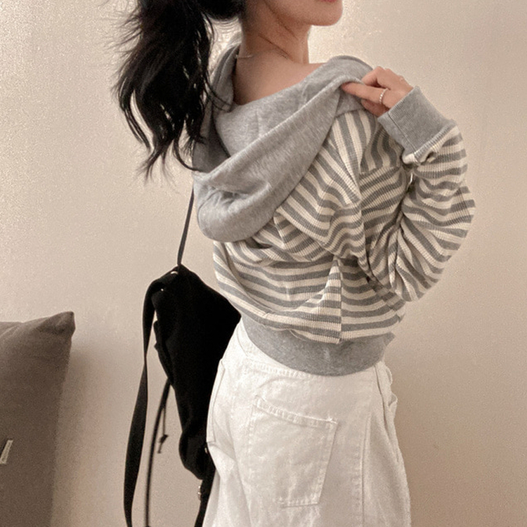 카카오 단가라 스트라이프 투웨이 와플 후드 집업 그레이