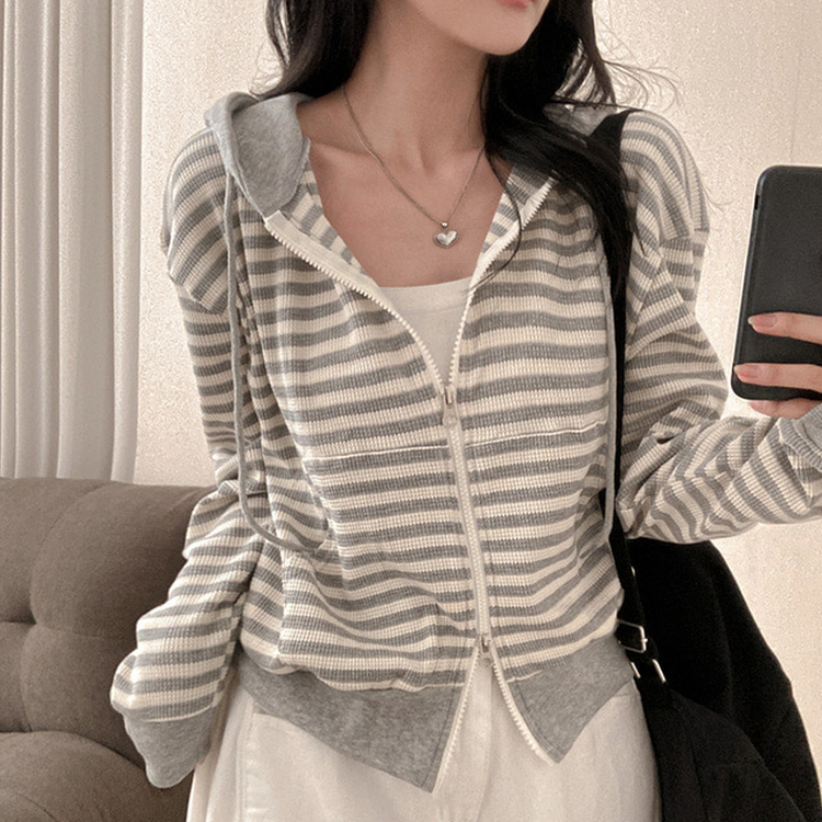 카카오 단가라 스트라이프 투웨이 와플 후드 집업 그레이