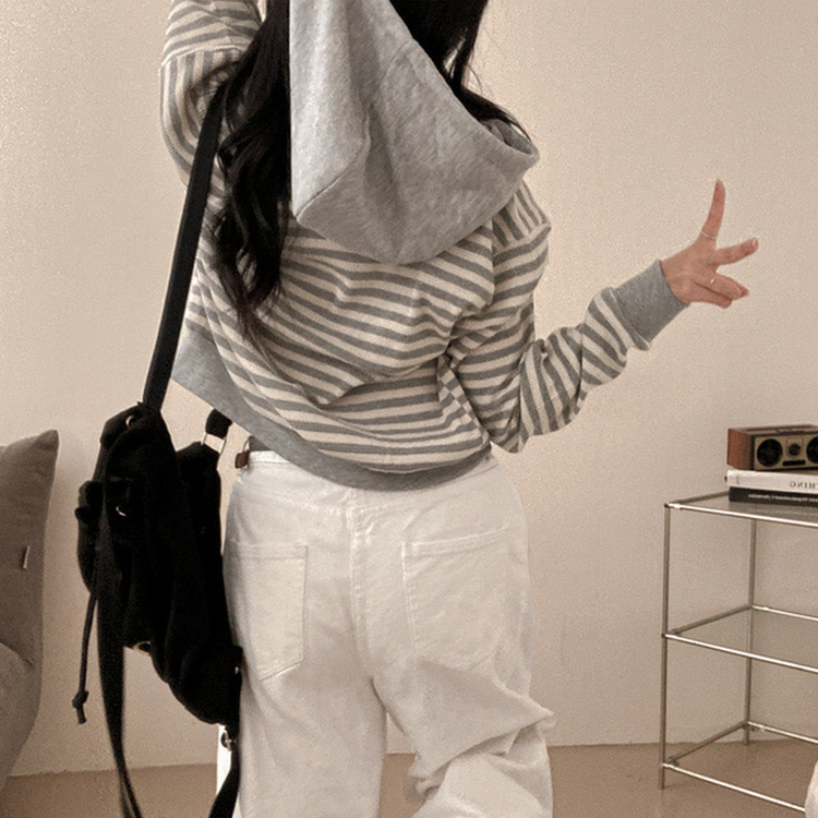 카카오 단가라 스트라이프 투웨이 와플 후드 집업 그레이