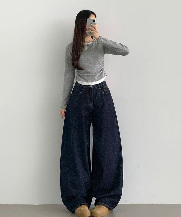XL힙한 생지 벌룬핏 볼륨 롱와이드 데님 팬츠 블루