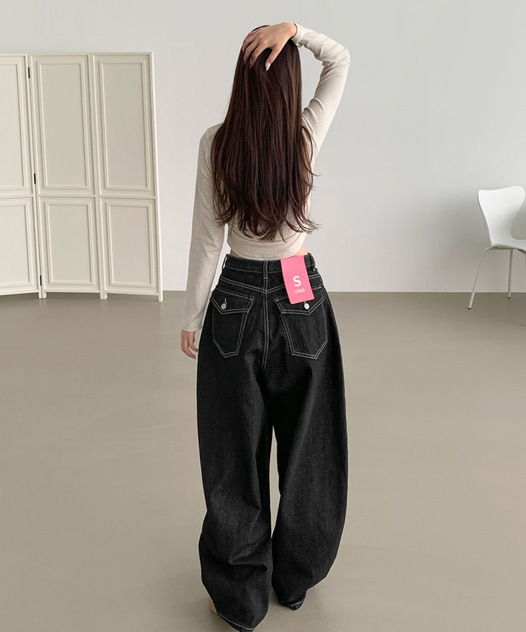 XL힙한 생지 벌룬핏 볼륨 롱와이드 데님 팬츠 흑청