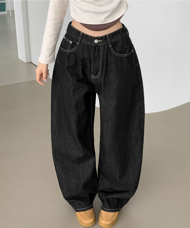 XL힙한 생지 벌룬핏 볼륨 롱와이드 데님 팬츠 흑청