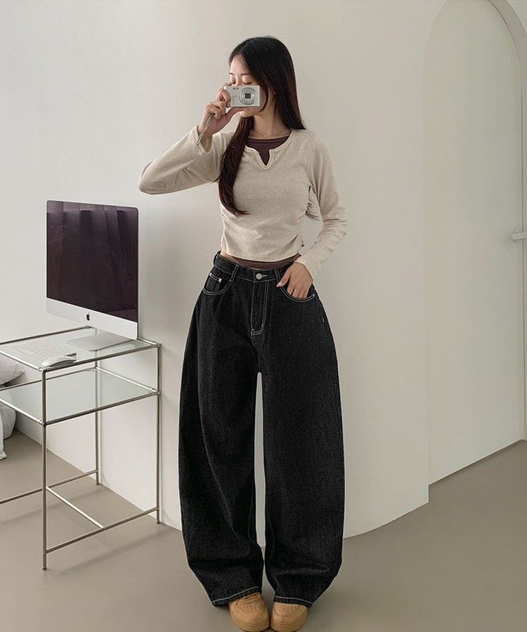 XL힙한 생지 벌룬핏 볼륨 롱와이드 데님 팬츠 흑청