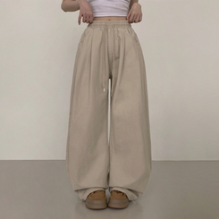 【丈別】ピンタックワイドコットンワイドパンツ BEIGE