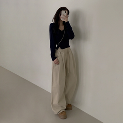 【丈別】ピンタックワイドコットンワイドパンツ BEIGE