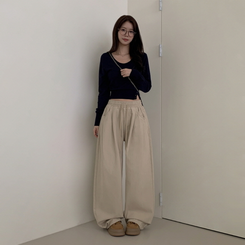 【丈別】ピンタックワイドコットンワイドパンツ BEIGE