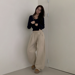 【丈別】ピンタックワイドコットンワイドパンツ BEIGE