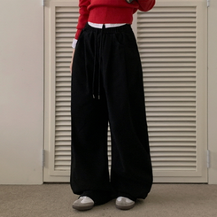 【丈別】ピンタックワイドコットンワイドパンツ BLACK