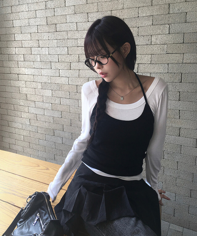 SET】ホルターキャミソール レイヤードTシャツ｜長袖Tシャツ｜韓国