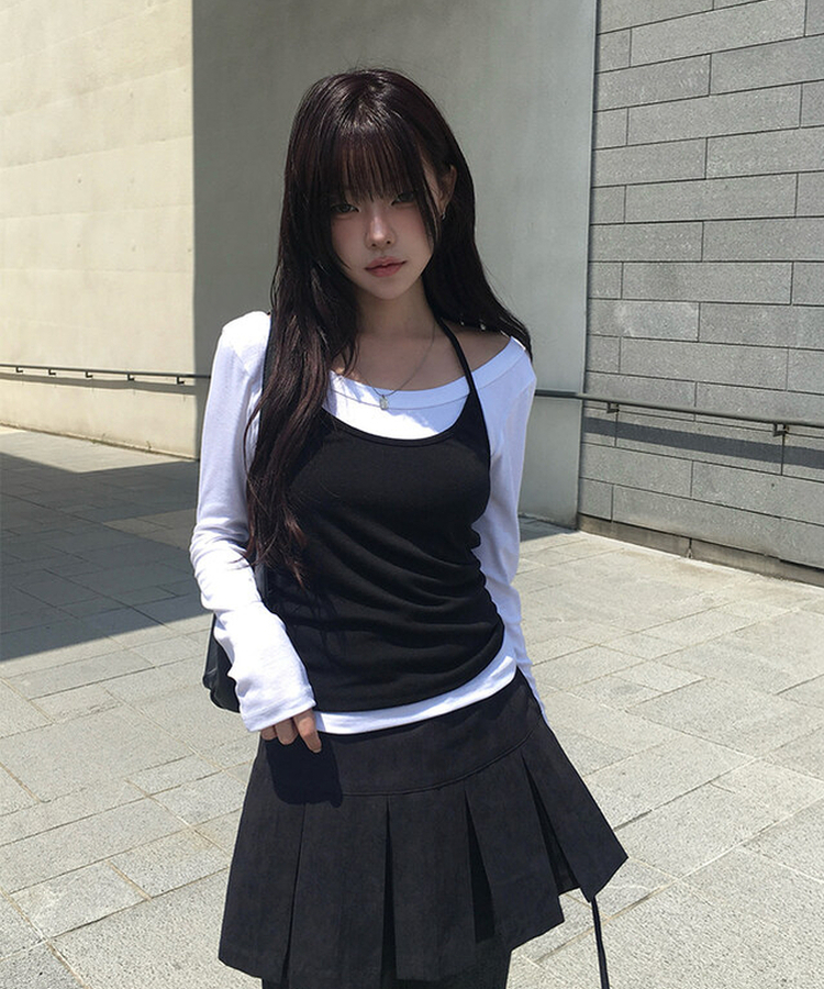 SET】ホルターキャミソール レイヤードTシャツ｜長袖Tシャツ｜韓国