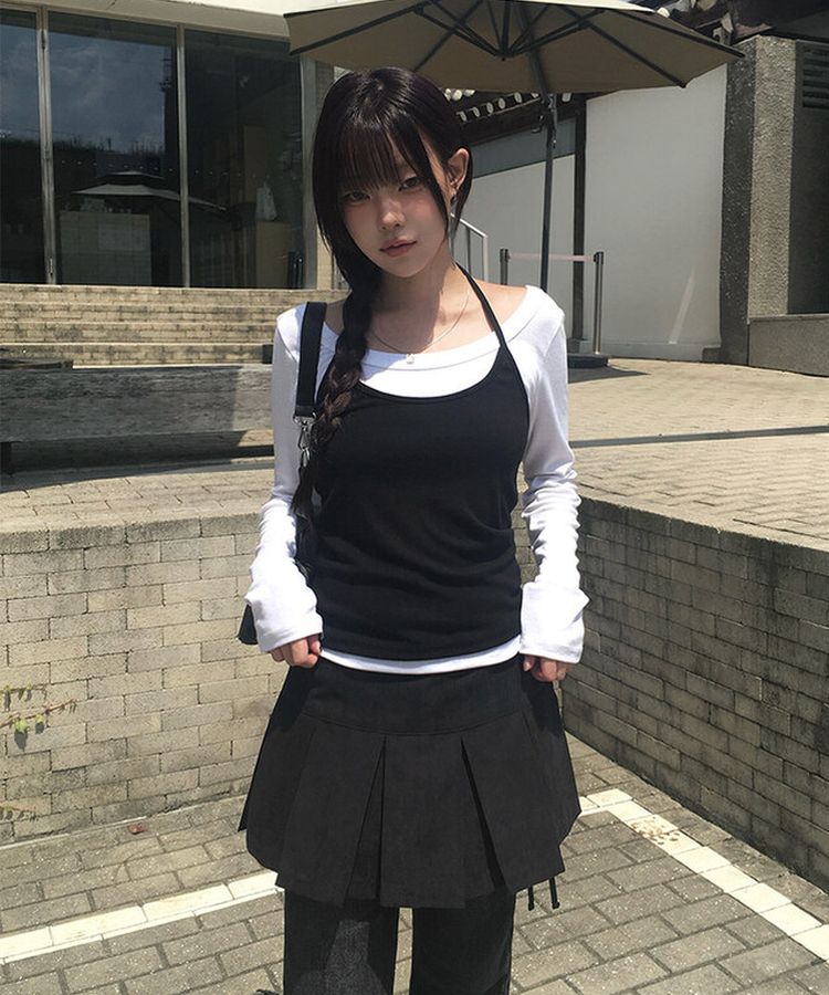 SET】ホルターキャミソール レイヤードTシャツ｜長袖Tシャツ｜韓国