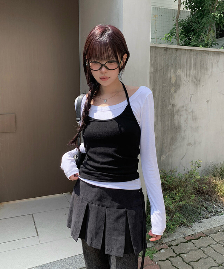 SET】ホルターキャミソール レイヤードTシャツ｜長袖Tシャツ｜韓国