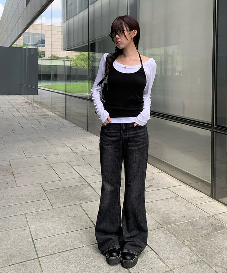 【丈別】ブーツカットウォッシングデニムパンツ BLACK DENIM
