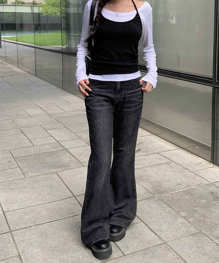 【丈別】ブーツカットウォッシングデニムパンツ BLACK DENIM