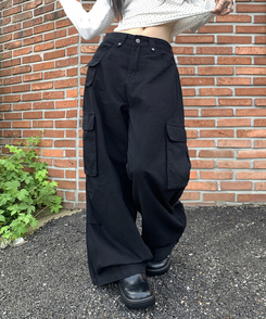 コットンカーゴスリットワイドパンツ BLACK