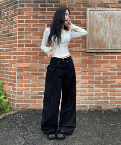 コットンカーゴスリットワイドパンツ BLACK