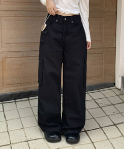 コットンカーゴスリットワイドパンツ BLACK