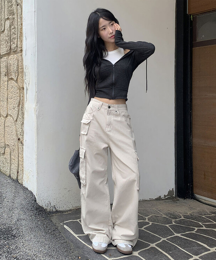 MADE 리버드 코튼 카고 미니포켓 다트절개 와이드 팬츠 샌드베이지