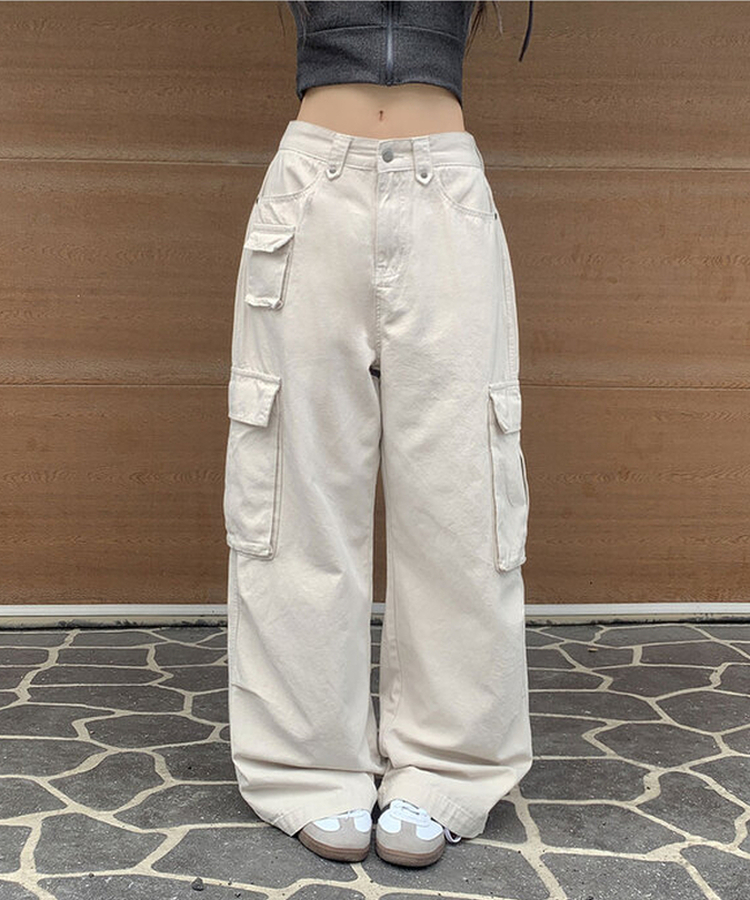 MADE 리버드 코튼 카고 미니포켓 다트절개 와이드 팬츠 샌드베이지