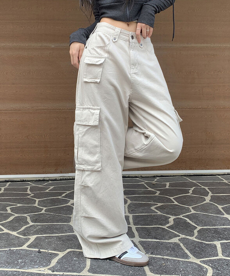 MADE 리버드 코튼 카고 미니포켓 다트절개 와이드 팬츠 샌드베이지