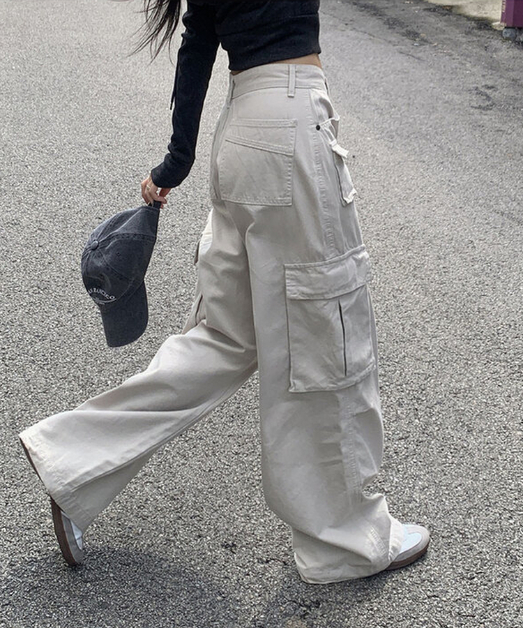 MADE 리버드 코튼 카고 미니포켓 다트절개 와이드 팬츠 샌드베이지