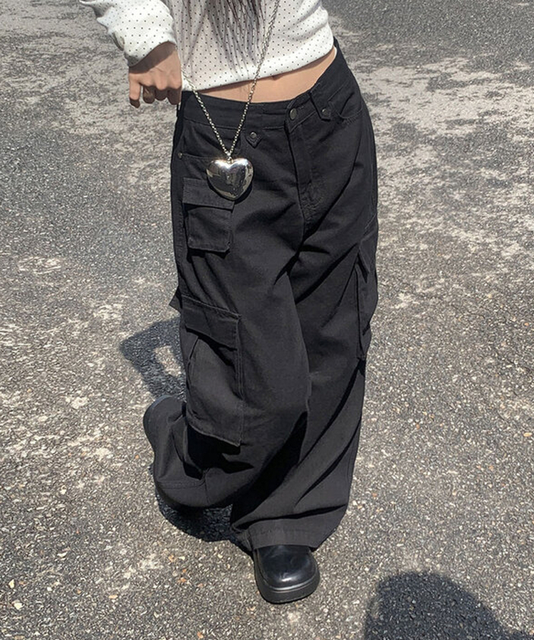 MADE 리버드 코튼 카고 미니포켓 다트절개 와이드 팬츠 로우블랙