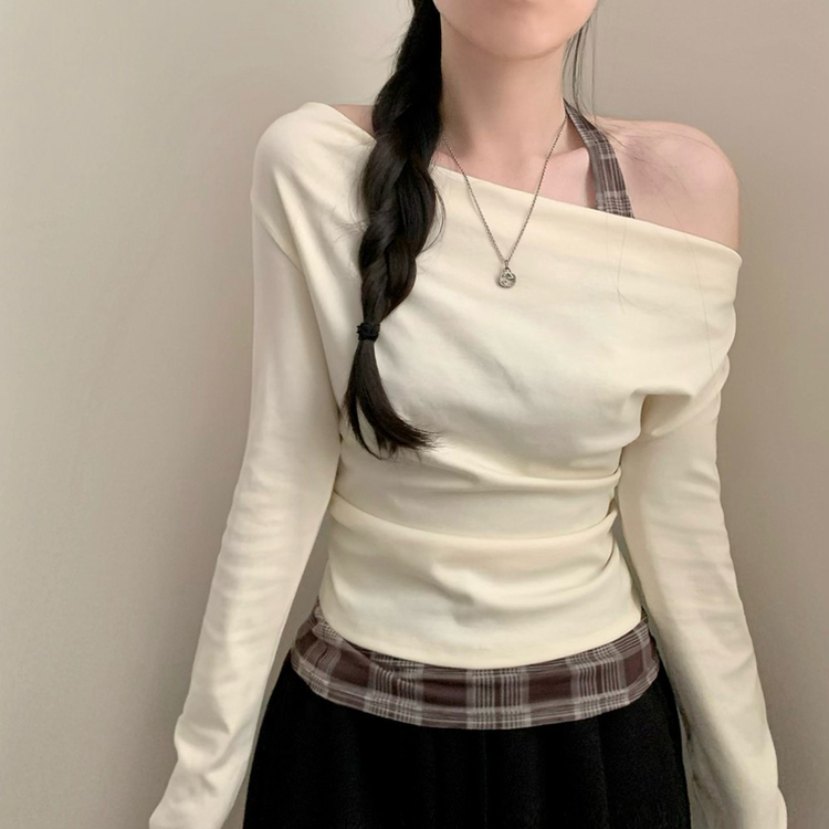 헤이 체크 홀터넥 드레이프 입술넥 오프숄더 셔링 긴팔티