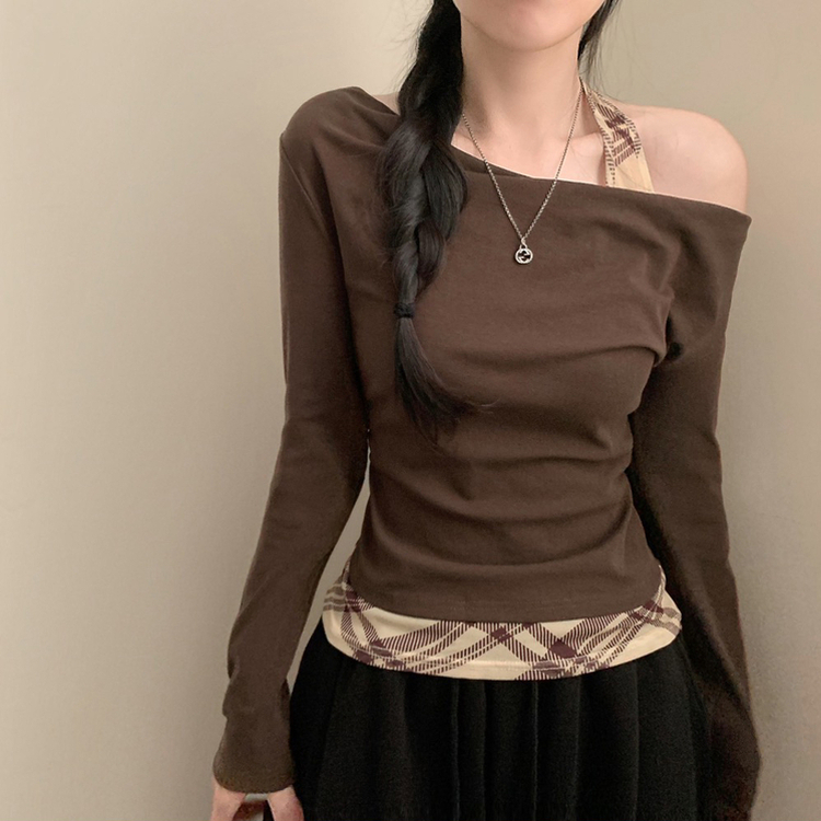 헤이 체크 홀터넥 드레이프 입술넥 오프숄더 셔링 긴팔티