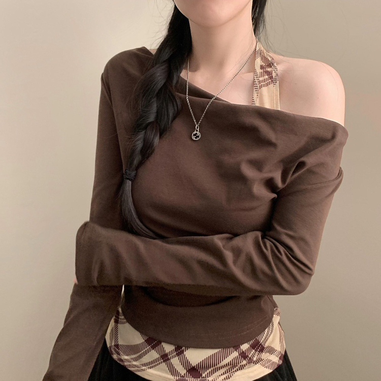 헤이 체크 홀터넥 드레이프 입술넥 오프숄더 셔링 긴팔티