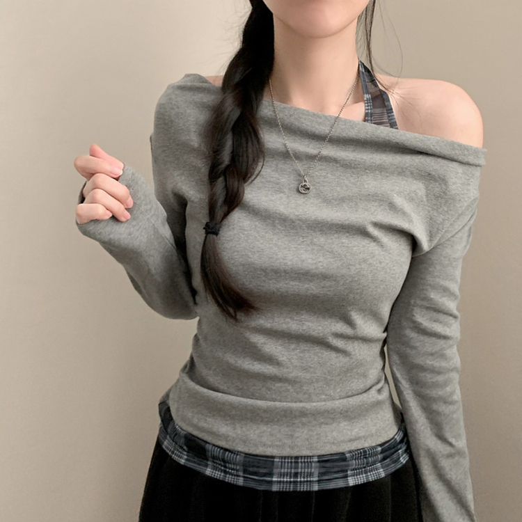 헤이 체크 홀터넥 드레이프 입술넥 오프숄더 셔링 긴팔티