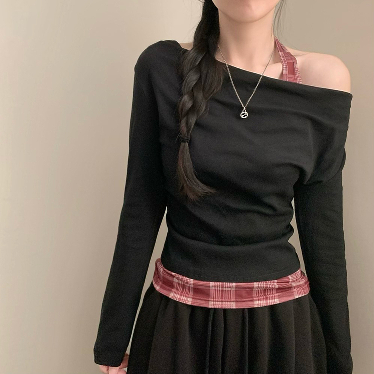 헤이 체크 홀터넥 드레이프 입술넥 오프숄더 셔링 긴팔티