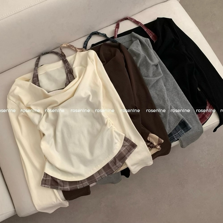 헤이 체크 홀터넥 드레이프 입술넥 오프숄더 셔링 긴팔티