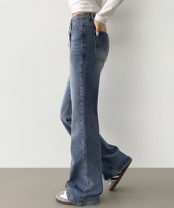 2XL스판 여유로운 루즈 롱 부츠컷 밴딩 데님 팬츠 중청