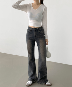 2XL스판 여유로운 루즈 롱 부츠컷 밴딩 데님 팬츠 빈티지진청