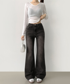 2XL스판 여유로운 루즈 롱 부츠컷 밴딩 데님 팬츠 블랙