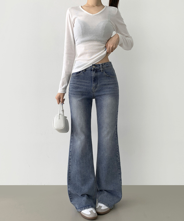 2XL스판 여유로운 루즈 롱 부츠컷 밴딩 데님 팬츠 중청