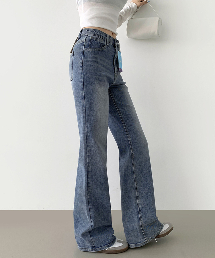 2XL스판 여유로운 루즈 롱 부츠컷 밴딩 데님 팬츠 중청
