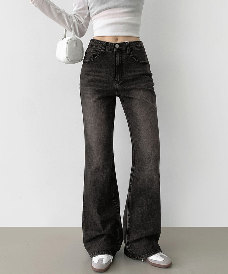 2XL스판 여유로운 루즈 롱 부츠컷 밴딩 데님 팬츠 블랙