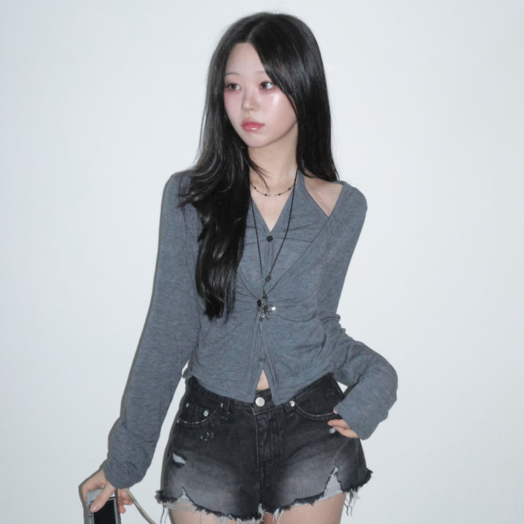 [일체형/레이어드] SET 홀터넥 여리 레이어드 긴팔 가디건   나시 투피스 세트 먹색