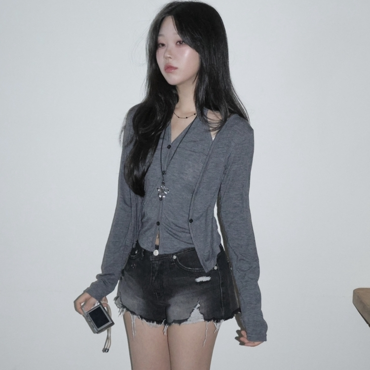 [일체형/레이어드] SET 홀터넥 여리 레이어드 긴팔 가디건   나시 투피스 세트 먹색