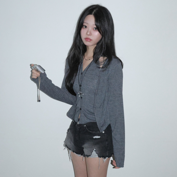 [일체형/레이어드] SET 홀터넥 여리 레이어드 긴팔 가디건   나시 투피스 세트 먹색
