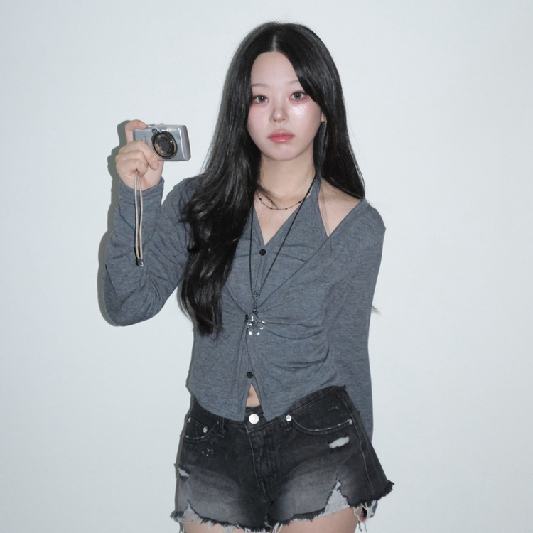[일체형/레이어드] SET 홀터넥 여리 레이어드 긴팔 가디건   나시 투피스 세트 먹색