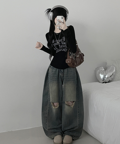 レタリングプリンティング長袖Tシャツ BLACK