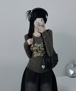 レタリングプリンティング長袖Tシャツ KHAKI