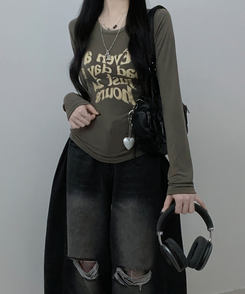 レタリングプリンティング長袖Tシャツ KHAKI