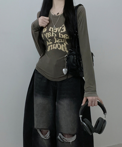 レタリングプリンティング長袖Tシャツ KHAKI