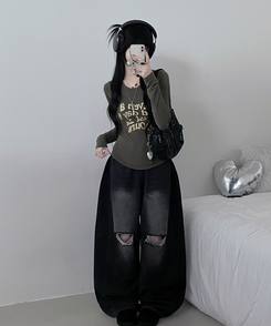 レタリングプリンティング長袖Tシャツ KHAKI