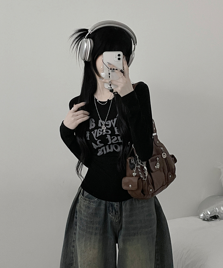 レタリングプリンティング長袖Tシャツ BLACK